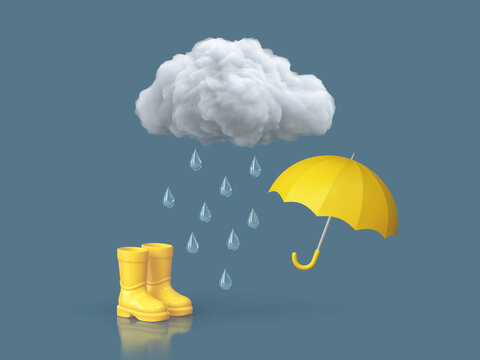 Yellow umbrella and rubber boots under rain cloud on dark blue background