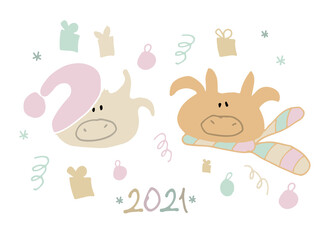 2021 New Year funny oxes cartoon drawing on transparent