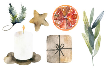 artistic watercolor christmas and new year decoration elemetn collection isolated on white background. Hand drawn xmas decoration element set.