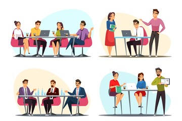 Fototapeta na wymiar Business meeting brainstorming vector illustrations set. Team of people working at office. Corporate communication. Men and women sitting and standing, negotiating