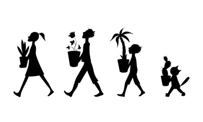 Teachers and cat carry pots of flowers and palm tree. Vector illustration.