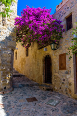 Fototapeta na wymiar Traditional architecture with narrow stone street and a colorfull bougainvillea in the medieval castle of Monemvasia, Lakonia, Peloponnese, Greece. 