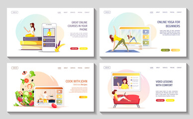 Obraz na płótnie Canvas Set of web pages with video tutorials or lessons. Studying, Online training, Online yoga, e-learning courses, vlog, food blog concept. Vector illustration for poster, banner, advertising.