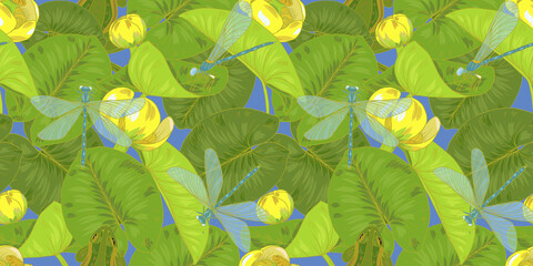 Yellow water Lily flowers and leaves, seamless