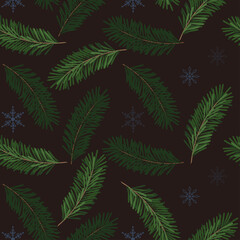 Christmas seamless pattern with pine branches and snowflakes. Cute vector pattern