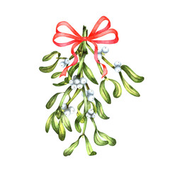 Watercolor bouquet with red bow green mistletoe with berries. Decor for winter with Merry Christmas and Happy New Year. Watercolor illustration isolated on white background. Drawn by hand.
