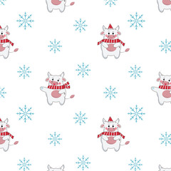 bull and snowflakes pattern, Christmas card, friendly Taurus in a red scarf and Santa hat, fabric drawing of a cartoon cow