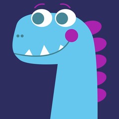 Blue dinosaur smiles, for kid, baby, children. A cute dino with pink blush. On a dark purple background. Vector.
