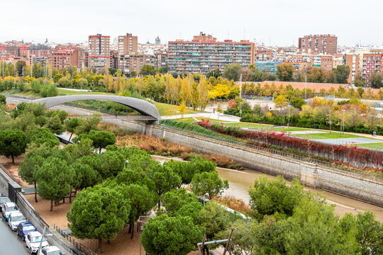 Manzanares river as it passes through legazpi, in the arganzuela neighborhood in the city of madrid