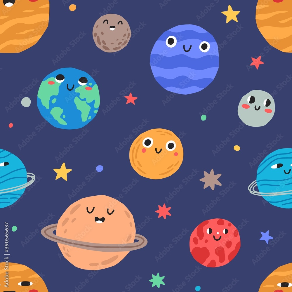 Poster seamless pattern with cute childish planets with funny faces and stars in space. repeatable backgrou