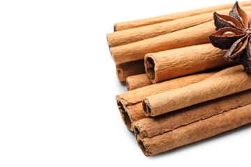 Cinnamon sticks on white background, closeup