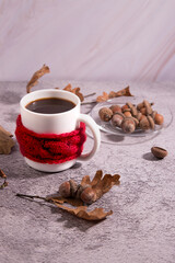 Acorn coffee Cup with acorns on a concrete background. Cozy autumn image-a Cup in a knitted scarf. A substitute for coffee. Copy space