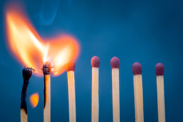 Group of matches burning in chain reaction