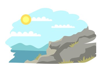 Scenery with river, mountains and sky with sun background. Rural land, hills, stones, lake in nature. Country scene view vector illustration. Horizontal panorama of countryside