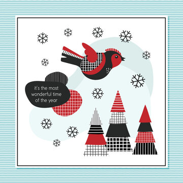 Bird robin flying in winter landscape doodles vector,  chirstmas holidays nature illustration