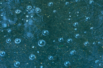 blue background puddle of rain / raindrops, circles on a puddle, bubbles in the water, the weather is autumn