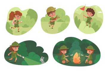 Kids on camping trip in forest set. Boy and girl scouts travel with compass, grill marshmallows on campfire, bring firewood, search animals. Outdoor adventure scene vector illustration