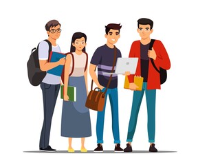 College or university students group. Young happy people standing isolated on white background. Higher academic education vector illustration. Diverse multicultural meeting
