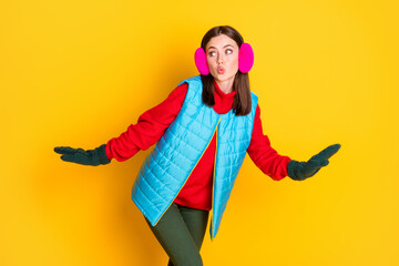Photo of curious surprised funny cute girl teen go walk look copyspace want prepare secret...