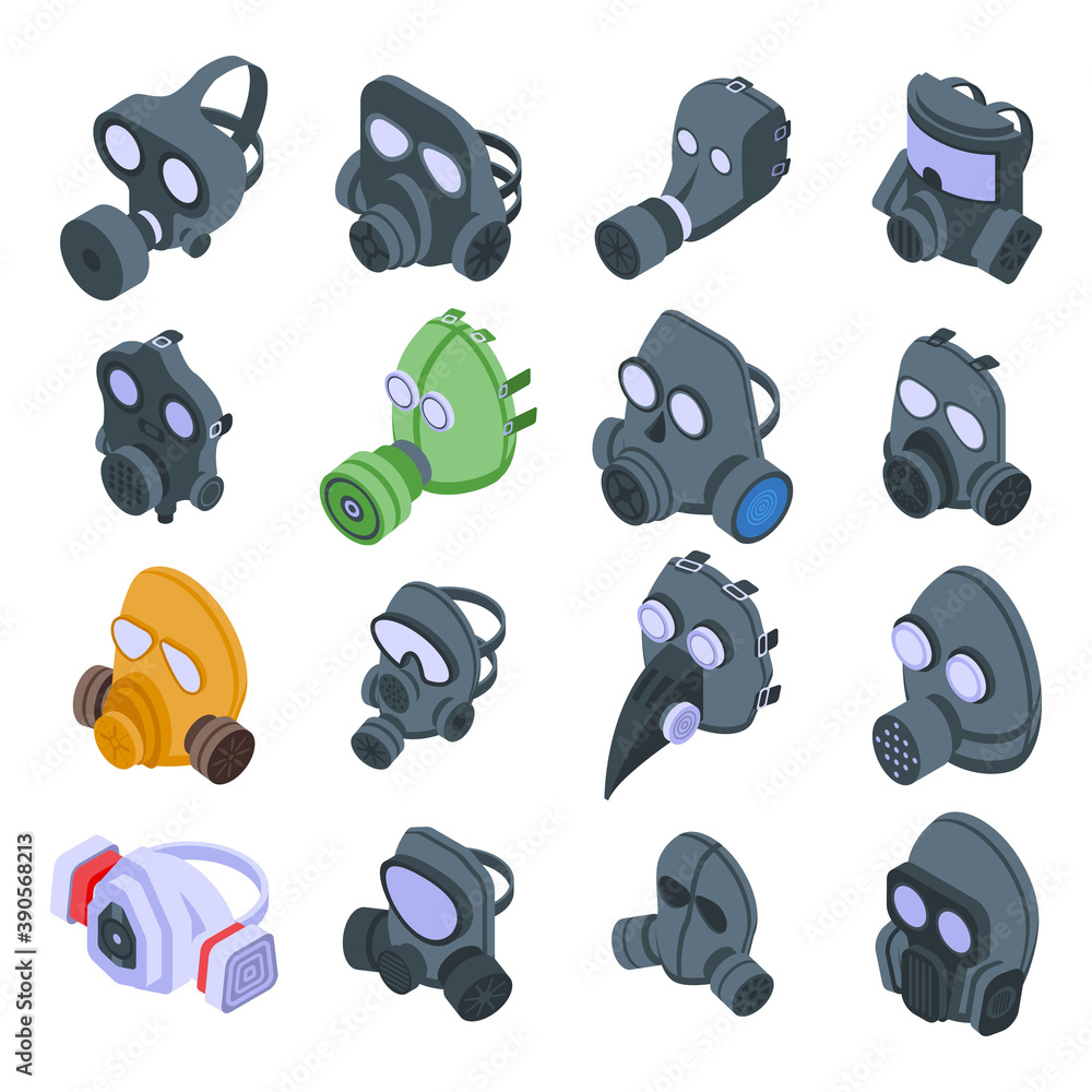 Poster gas mask icons set. isometric set of gas mask vector icons for web design isolated on white backgrou