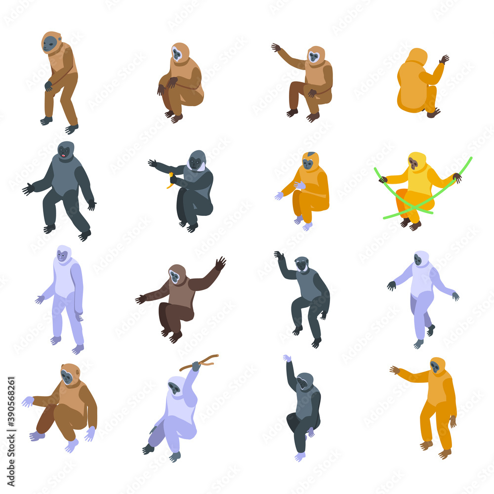 Poster gibbon icons set. isometric set of gibbon vector icons for web design isolated on white background
