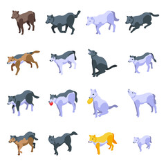 Wolf icons set. Isometric set of wolf vector icons for web design isolated on white background