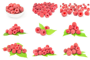 Collection of raspberries with leaves over a white background