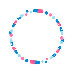 Vector cartoon style round frame, card template with colorful pills, vitamins, medications for pharmacy and healthcare design.