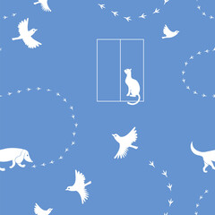 Dog, cat, sparrow, bird's trail. Vector pattern silhouette.