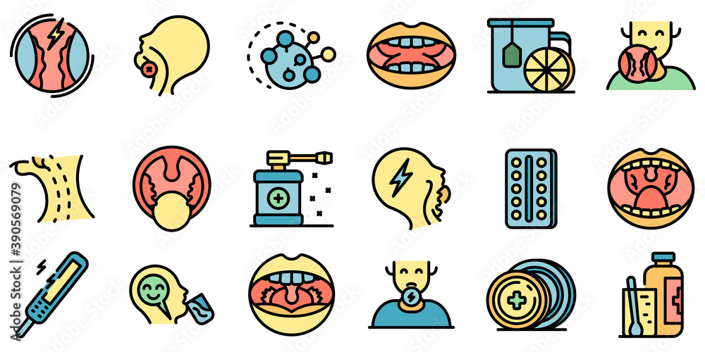 Poster tonsillitis icons set. outline set of tonsillitis vector icons thin line color flat on white