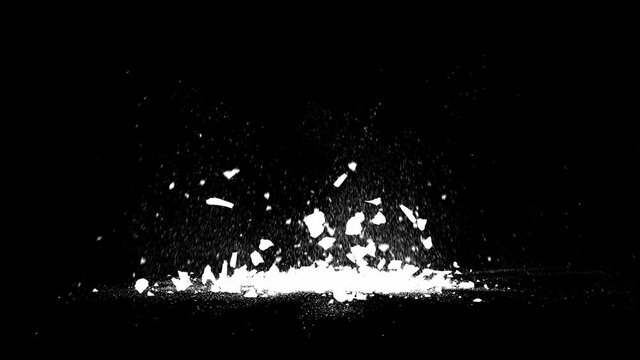 3D animation of simulation of real explosion in ground, fragments and dust flying out