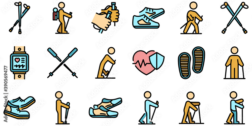 Poster nordic walking icons set. outline set of nordic walking vector icons thin line color flat on white