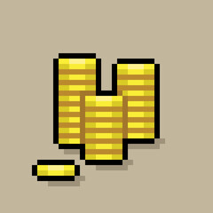 Many gold coins pixel art. Vector picture.