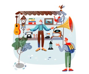 Men at bazaar fair or flea market. Man selling music instruments, phones, guitar, guy looking. Old and used assortment of technology for sale vector illustration. Shop or store in street outdoor