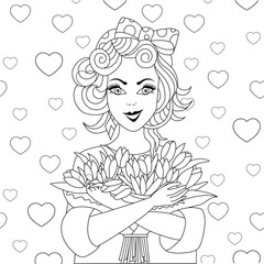 Beautiful girl with a bouquet of spring flowers and heart romantic background- vector illustration