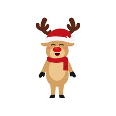 Fototapeta premium Reindeer set Happy smile in Christmas celebration, standing holding gifts, standing waving, giving out gifts. Pins into the chimney.vector illustration and icon