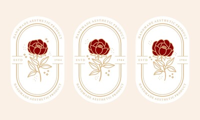 Hand drawn vintage beige botanical rose flower logo template and feminine beauty brand element collection