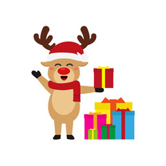 Reindeer set Happy smile in Christmas celebration, standing holding gifts, standing waving, giving out gifts. Pins into the chimney.vector illustration and icon