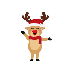 Reindeer set Happy smile in Christmas celebration, standing holding gifts, standing waving, giving out gifts. Pins into the chimney.vector illustration and icon