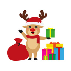 Reindeer set Happy smile in Christmas celebration, standing holding gifts, standing waving, giving out gifts. Pins into the chimney.vector illustration and icon