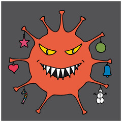 The molecule of the coronavirus with an evil face is decorated with Christmas toys.