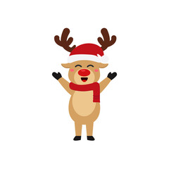 Reindeer set Happy smile in Christmas celebration, standing holding gifts, standing waving, giving out gifts. Pins into the chimney.vector illustration and icon
