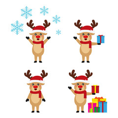 Reindeer set Happy smile in Christmas celebration, standing holding gifts, standing waving, giving out gifts. Pins into the chimney.vector illustration and icon