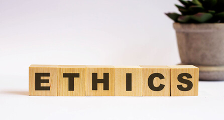 The word ETHICS on wooden cubes on a light background near a flower in a pot. Defocus