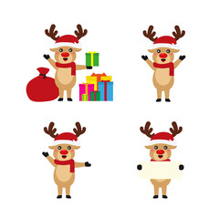 Reindeer set Happy smile in Christmas celebration, standing holding gifts, standing waving, giving out gifts. Pins into the chimney.vector illustration and icon