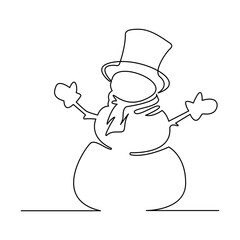 Snowman with hat, scarf and mittens, continuous line. Vector illustration, isolated on white background.