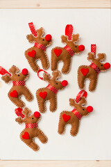 Christmas tree toy. Deer Rudolf. Deco production. Stuffed felt Elk.