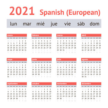 Calendar 2021. European Spanish Calendar. Weeks start on Monday