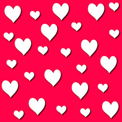 Red background with hearts pattern, white color