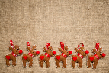 Christmas tree toy. Deer Rudolf. Deco production. Stuffed felt Elk.